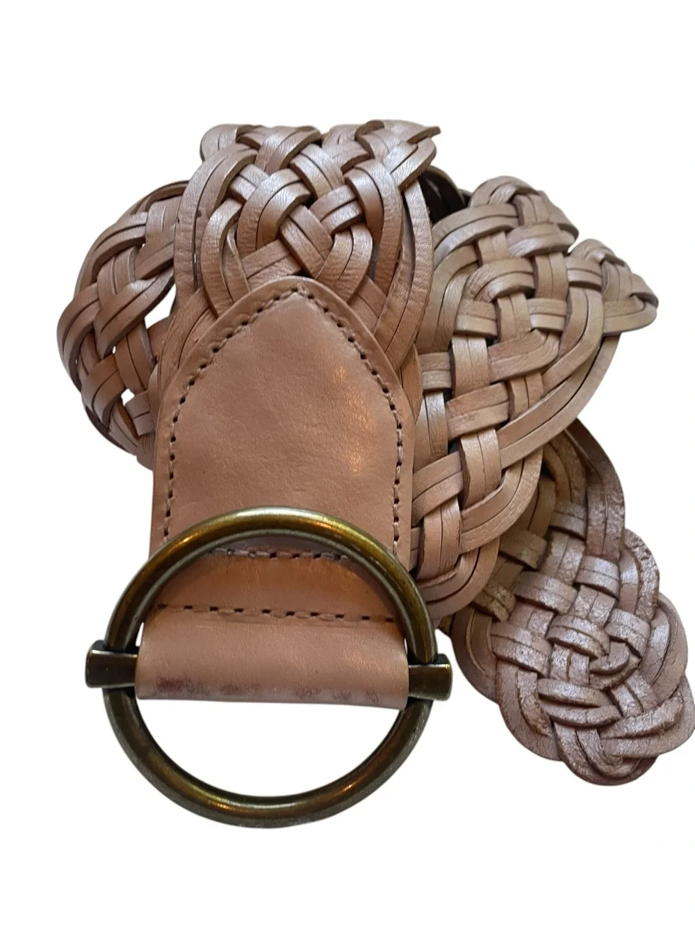 Talbots Taupe Wide Braided Leather Belt Womens S Brass Buckle 2.25